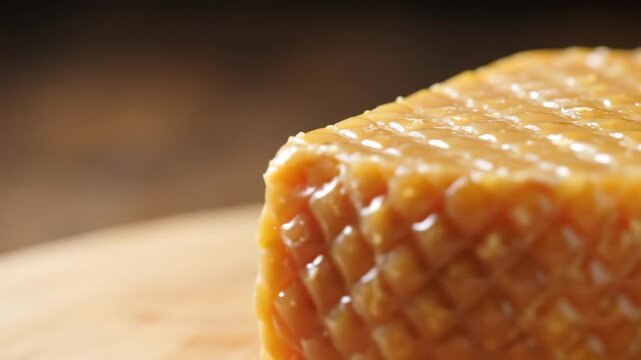 Close-up of cheese on cutting board with patterned rind texture