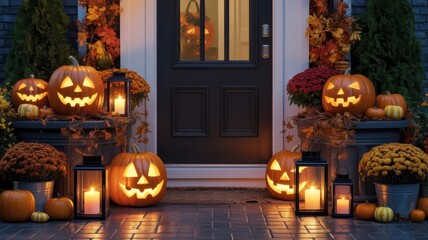 Obraz premium Halloween pumpkins and decorations on a porch, creating a festive and welcoming autumn scene with glowing jackolanterns and colorful mums