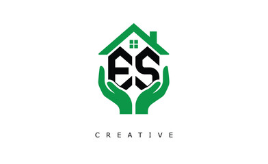 ES Home Care Logo - Green House and Hand Symbol for Real Estate, Eco Housing & Modern Branding