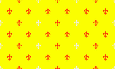 Vibrant yellow background adorned with a repeating pattern of red and white fleurdelis.  Ideal for website backgrounds, textile designs, or adding a touch of regal elegance to any project.