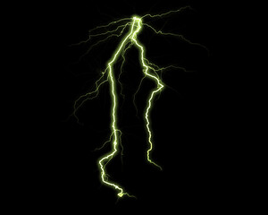 A striking, bright yellowish-green lightning bolt cuts through a pitch-black night, showcasing raw...