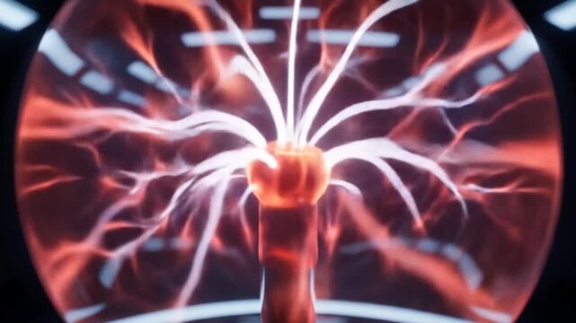 Plasma Ball Displaying Electrical Filaments in a Dark Futuristic Room, Science Experiment