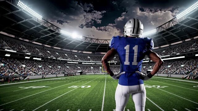 Football player standing on the field in a stadium
