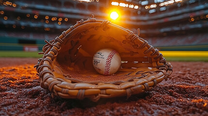 A weathered baseball glove rests on a dusty infield, a lone ball nestled inside.  Golden hour sunlight illuminates the scene, evoking nostalgia and the spirit of the game.