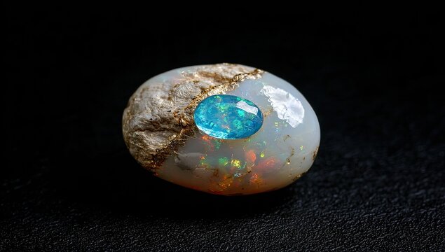 Polished opal stone with blue opal inlay, dark background, jewelry design, gemstone