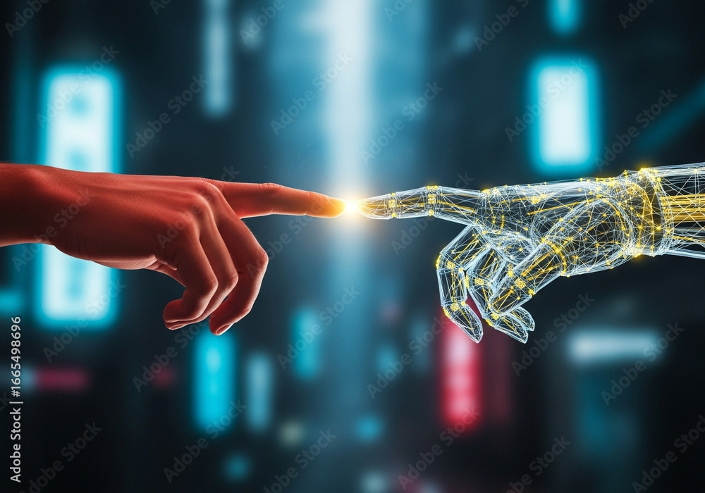 Poster human and ai hands touch, creating a glowing spark of innovation and future connection