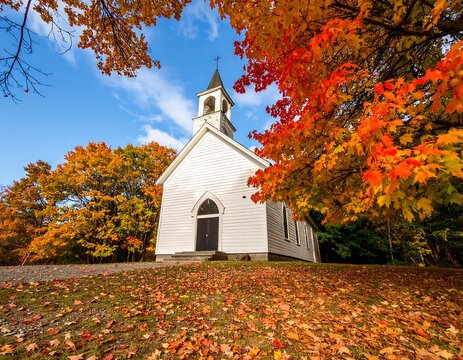 Autumn church in a colorful forest