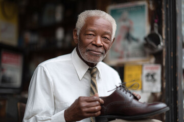 Portrait of a senior cobbler holding a classic leather shoe. Symbol of craftsmanship, tradition, and expertise. Suitable for business, lifestyle, or retro themes.