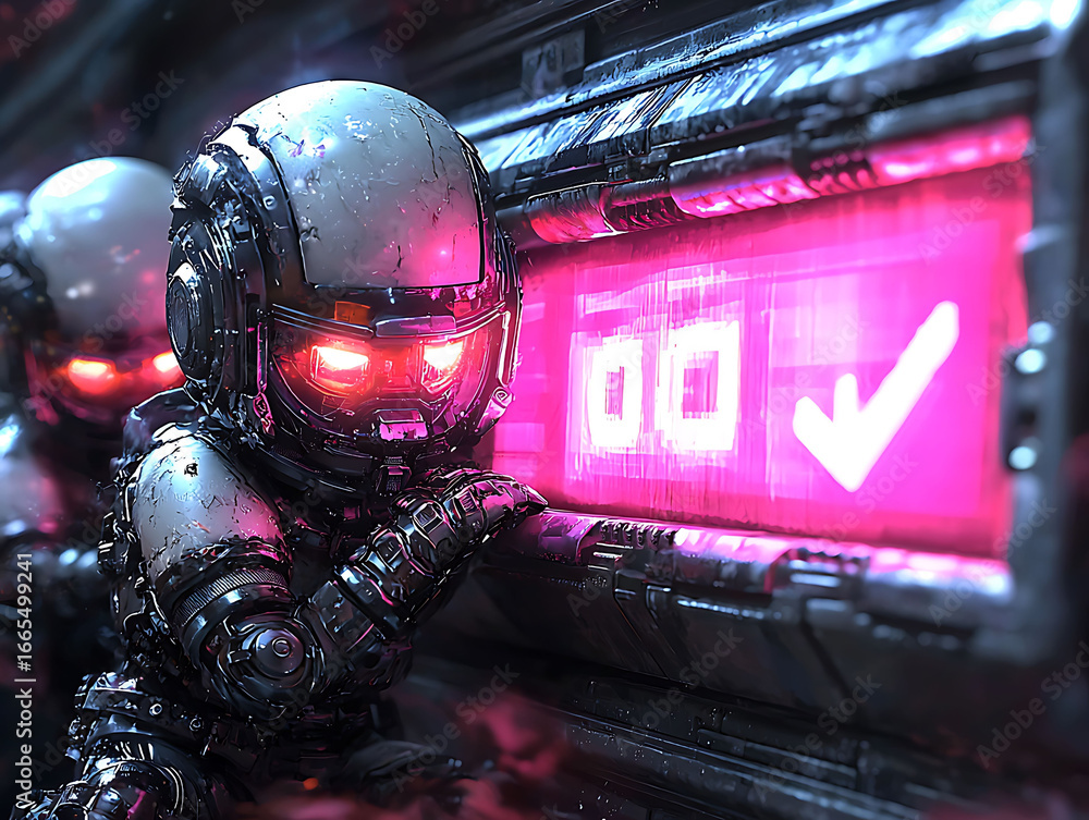 Poster cyberpunkstyle miniature robots interact with a glowing pink verification panel.