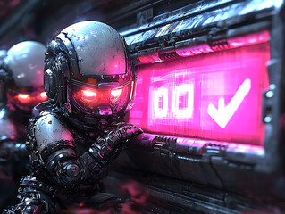 Fototapeta premium Cyberpunkstyle miniature robots interact with a glowing pink verification panel.