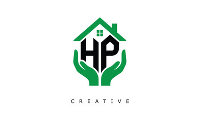 HP Home Care Logo - Green House and Hand Symbol for Real Estate, Eco Housing & Modern Branding