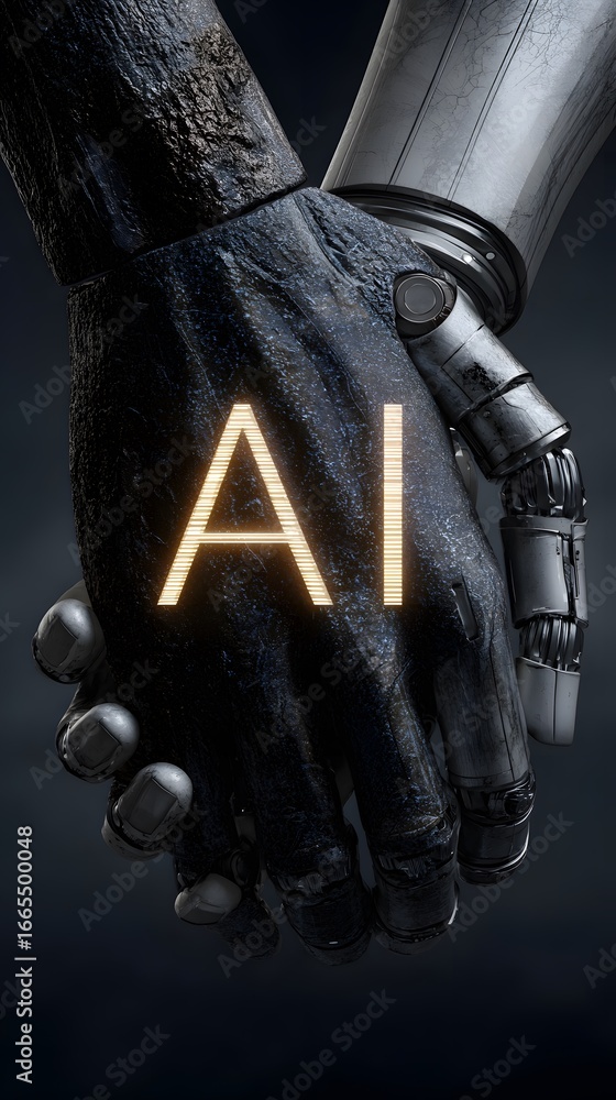 Poster two different robotic hands clasped together one with a rough texture and the other metallic featuri