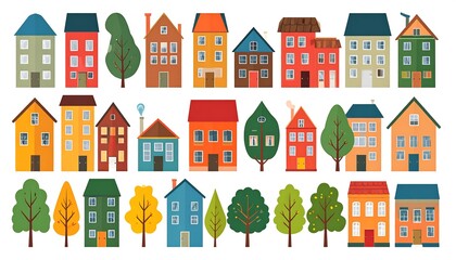 Colorful collection of cartoon houses and trees