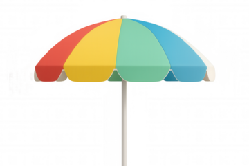 Colorful beach umbrella casting protective shade, multicolored panels spreading across transparent background, summer design element