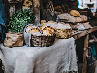 Artisan Breads and Herbs in Rustic Market Setting