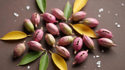 Aromatic cardamom spices with fresh green and yellow leaves, a culinary ingredient for healthy cooking, seasoning, and flavoring on brown background