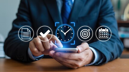 A businessman is using a smartphone to manage his schedule, tasks, and deadlines, with icons representing planning, time management, and goals