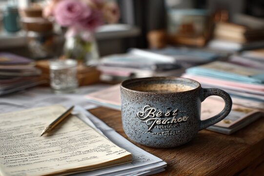 A close-up of a teachera??s desk with a cup of coffee, graded papers, and a "Best Teacher" mug