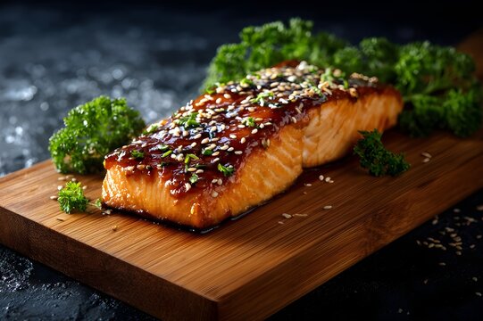 Teriyaki glazed salmon fillet on a bamboo board crafted to perfection with mouthwatering gourmet flair
