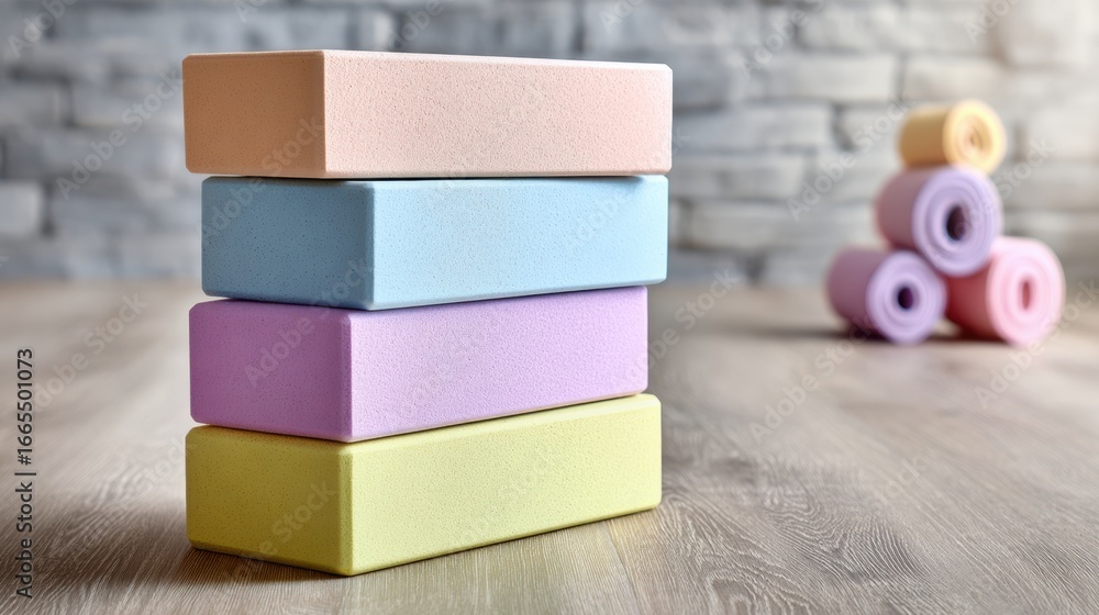 Poster colorful building blocks stacked on a wooden surface with additional blocks blurred in the backgroun