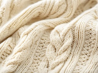 Cream Cable Knit Texture Close Up, Warm Cozy Wool Fabric Background