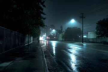 Rain-slicked midnight city street reflecting neon lights creating moody cinematic urban futuristic atmosphere scene
