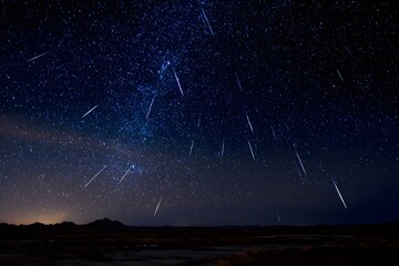 Meteor shower over desert midnight sky painting mirage of celestial beauty with cosmic wonder