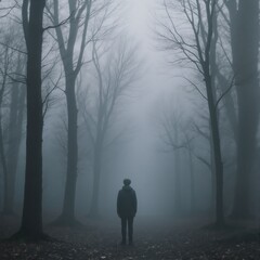 A solitary figure stands on a misty forest path, surrounded by tall, bare trees in a serene, foggy atmosphere.