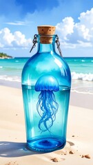 Glass bottle with a jellyfish on a beach