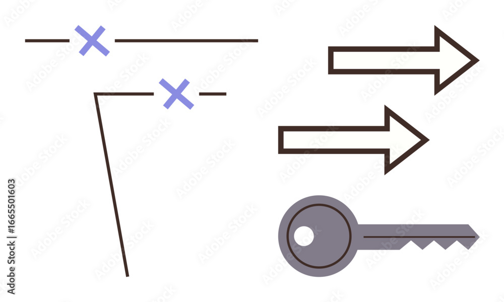 Poster path lines marked with xs, arrows indicating direction, and a key below. ideal for navigation, syste