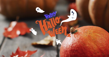 Happy Halloween text image with ghosts over pumpkins and autumn leaves