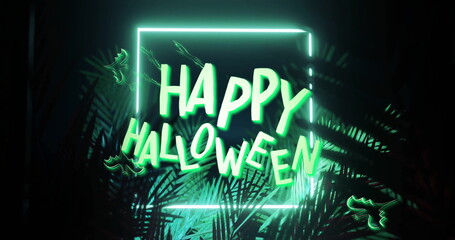 Image of happy halloween text over bats and leaves