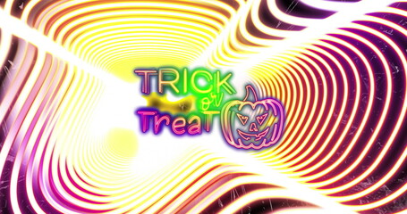 Image of trick or treat text over neon shapes
