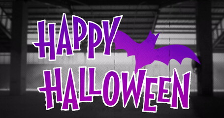 Image of happy halloween text over bat and window