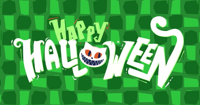 Fototapeta Image of happy halloween text over scary cat's face on green background