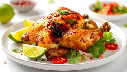 Balinese Ayam Betutu with Rice and Sambal Matah
Close-up photo of Balinese ayam betutu with rich spices, served on banana leaves and bamboo plate, complete with white rice, sambal matah, and fresh veg