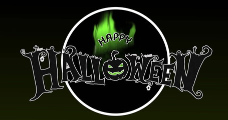 Happy Halloween text with green flames and geometric shapes in background image