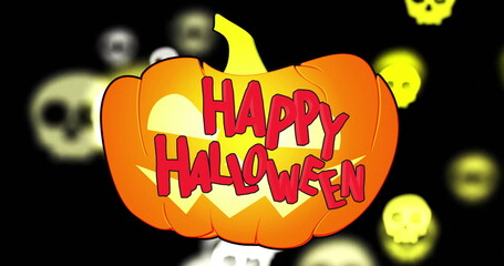 Glowing pumpkin with Happy Halloween text image over floating skulls
