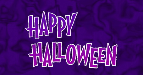 Happy Halloween text image over purple background with wavy patterns
