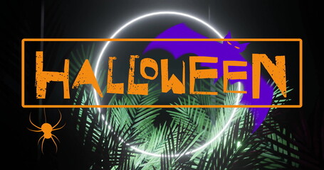 Image of happy halloween text over plants and bats on black background