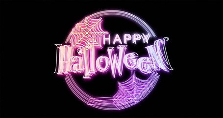 Image of happy halloween text over webs on black background