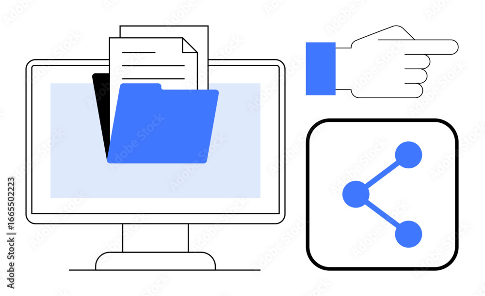 Aufkleber computer screen displaying a folder with documents, hand pointing, and file-sharing icon. ideal for 
