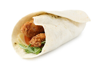 One delicious wrap with arugula and deep fried chicken isolated on white. Tasty fast food