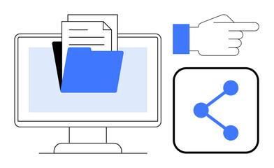 Computer screen displaying a folder with documents, hand pointing, and file-sharing icon. Ideal for digital collaboration, organization, teamwork, productivity, connectivity, cloud storage simple