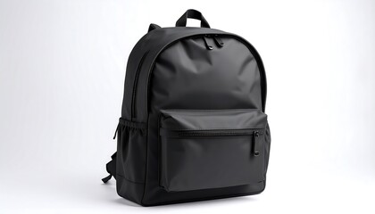 A modern black backpack, designed with practicality and style, stands out against a plain white background.
