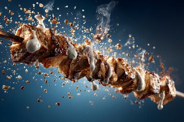 3D kebab skewer levitating against midnight background blending playful creativity with delicious culinary imagination