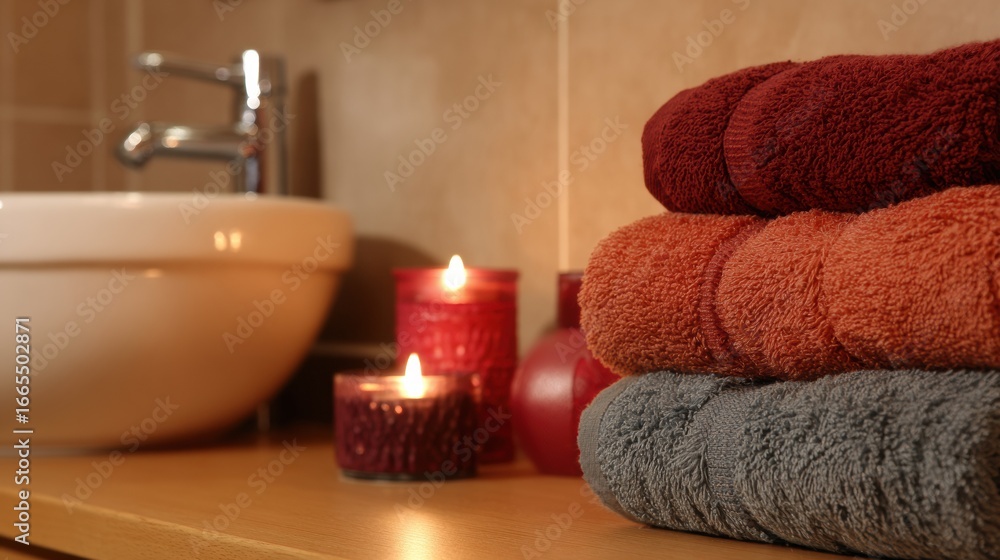Poster cozy bathroom setup with colorful towels and scented candles creating a relaxing atmosphere in the e