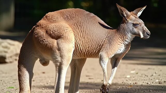 Large muscular male red kangaroo standing in profile under the bright sunlight.