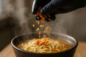 Gloved hand adding crunchy toppings to steaming bowl of hot noodles in savory broth, delicious asian comfort food preparation