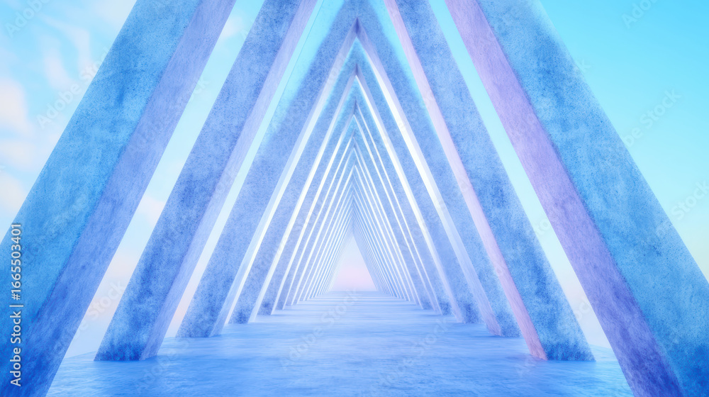 Poster abstract geometric corridor with blue triangular pillars, futuristic architecture under bright dayli